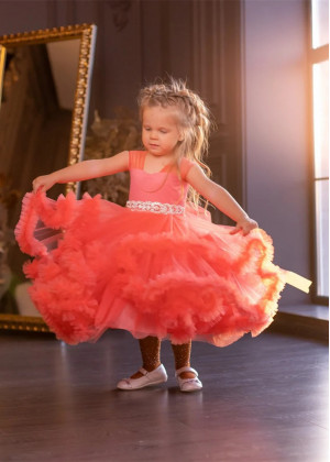 Coral Tulle Ruffle Flower Girl Dress Birthday Dress